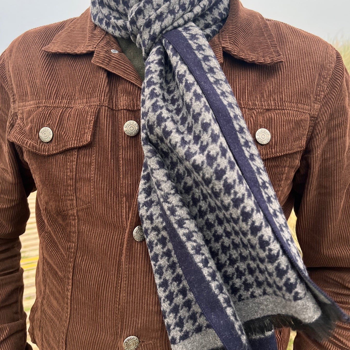Man wearing blue Ashcroft houndstooth scarf - coastal style
